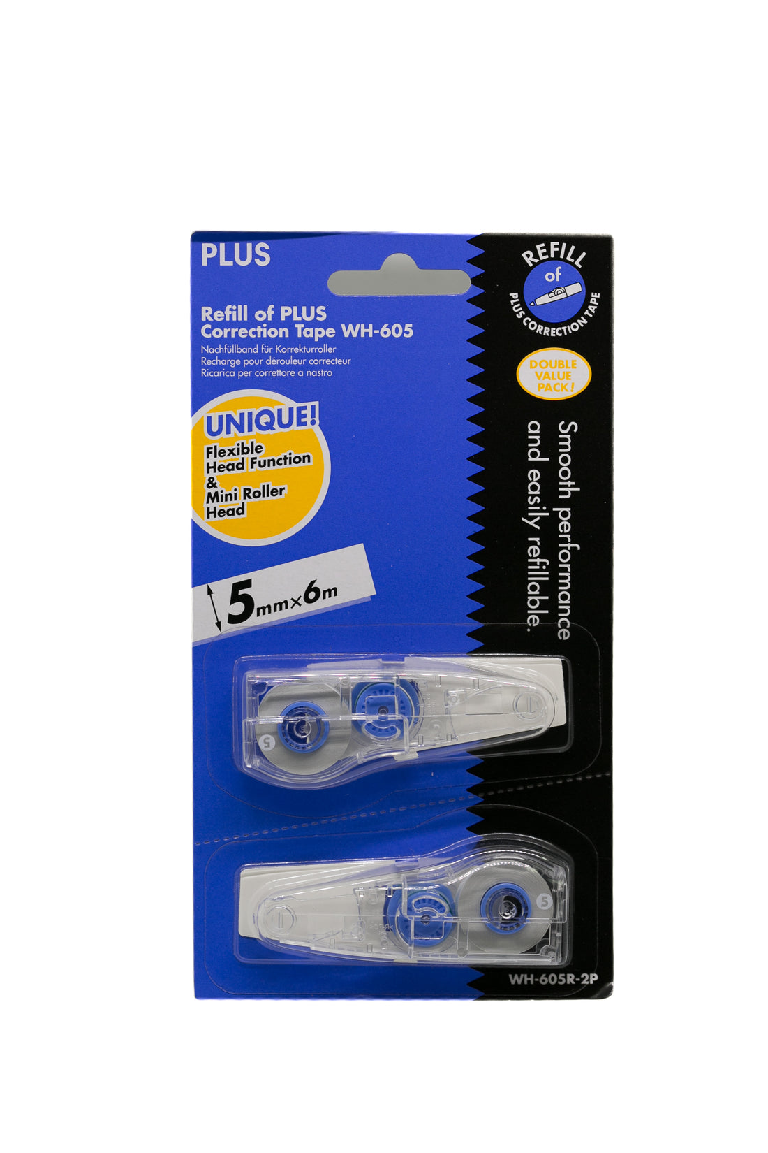 Plus Whiper WH605 Correction Tape Refill 5mm x 6m, 2's OneClick